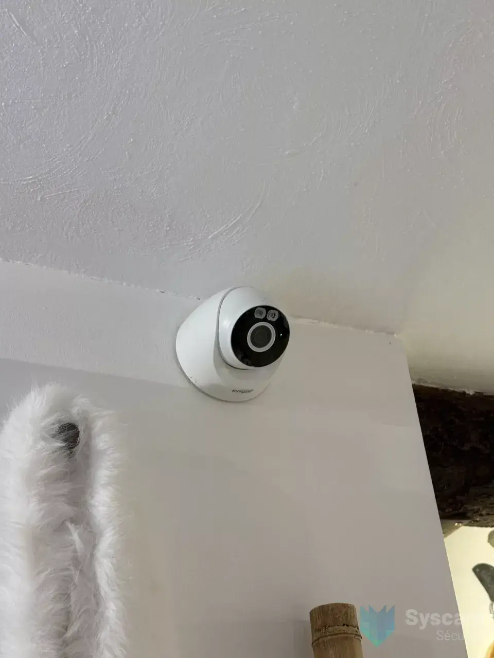 Caméra dôme orientée vers la surface de vente, installée dans l'angle du plafond blanc de la boutique